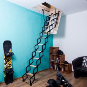 Escalier de grenier en metal ROBI - Escalier ciseaux économique avec marches en hêtre – Hauteur 280 cm