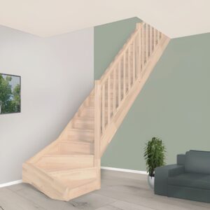 Escalier quart tournant BUDGET+ en pin massif | Hauteur 280 cm | Contremarches et balustres inclus